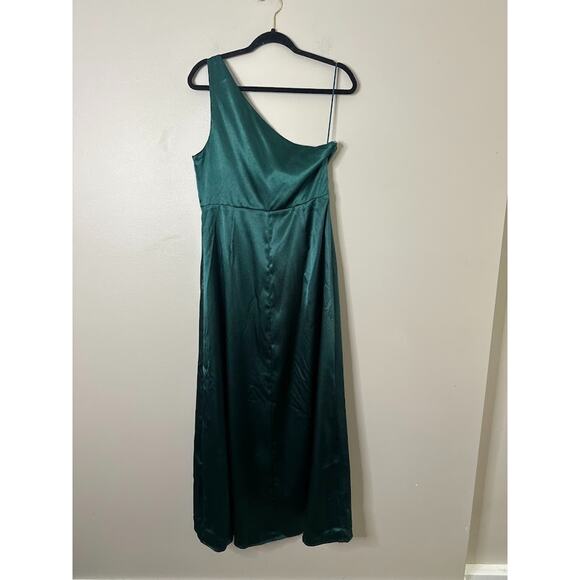 Birdy Grey Satin One Shoulder Maxi Kira Dress L Front Slit Emerald Green Formal - Picture 7 of 10